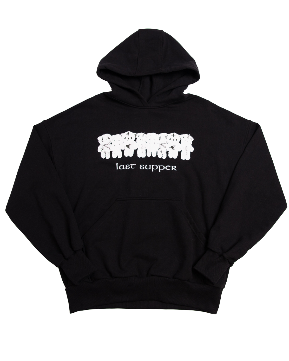 Czarna bluza hoodie o kroju boxy z białym, surowym nadrukiem rzędu misiów i napisem Last Supper od marki ERFEDEN.